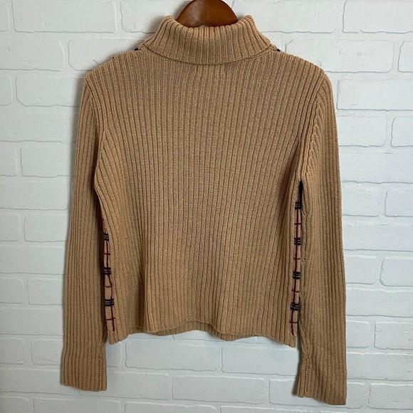 Vintage Knit Sweater Burberry vibe Old money Wool blend Plaid Tan/Black/Red S - Picture 12 of 15